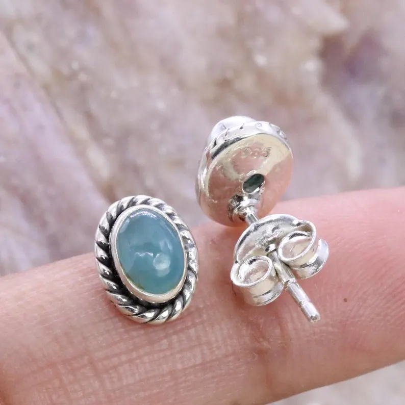 Larimar Gemstone Studs Earrings Solid 925 Sterling Silver Stud Earrings Daily Wear Studs Gift For Her