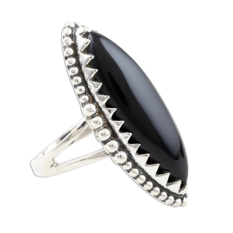 Marquise Bezel Set Black Onyx Cabochon Cocktail Ring 925 Sterling Silver Statement Ring Handmade Ring Woman Silver Ring Gift for Her