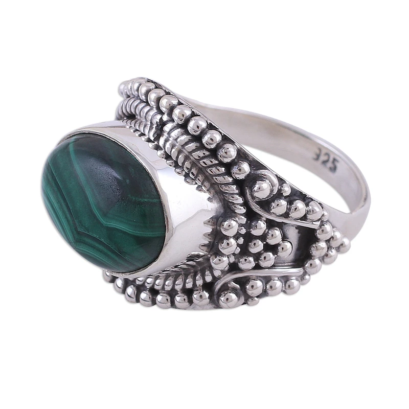Malachit- und Sterlingsilber-Cocktailring aus Indien Natürlicher grüner Edelsteinring Handgefertigter Bohemian Schmuck Valentinstagsgeschenk für sie Geburtstagsgeschenk