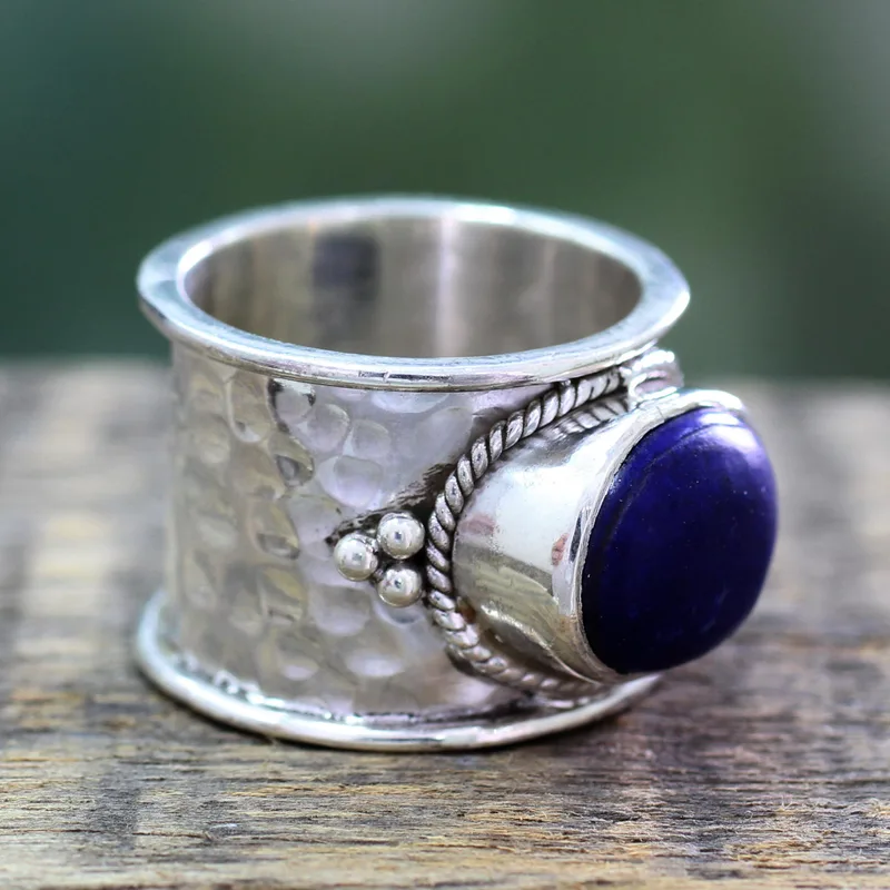 Bandring Handgemacht 925 Sterling Silber Einzelstein Lapislazuli Ring Handgemachter Ring Statement Ring Blauer Edelsteinring Minimalistischer Ring Geschenk für Sie