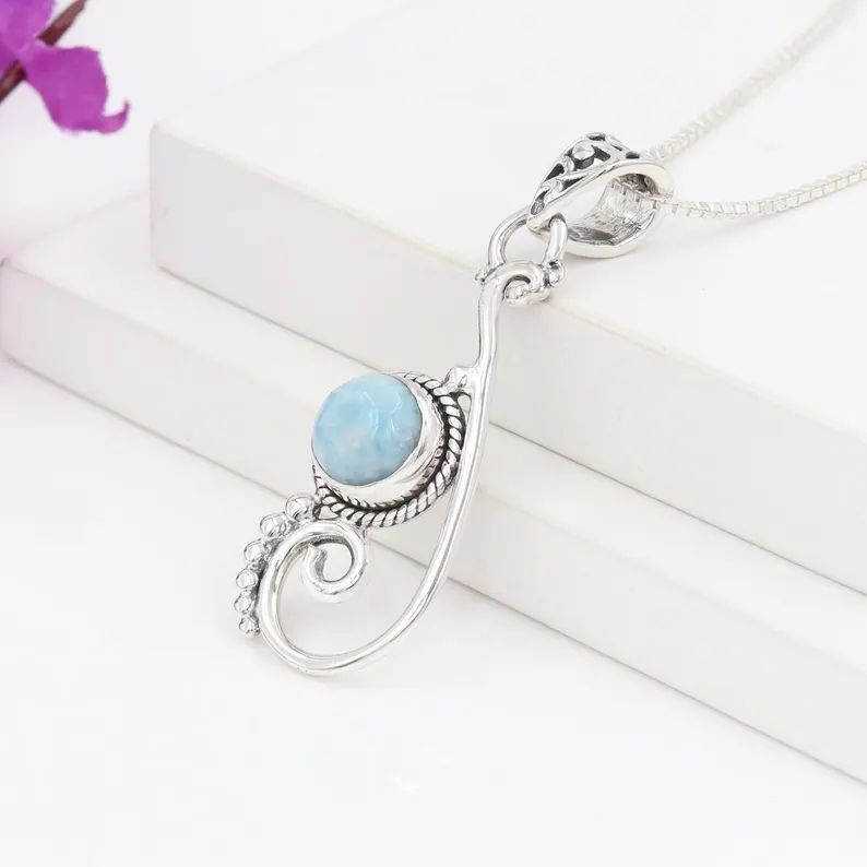 Larimar Halskette, massive Silberkette, handgefertigte Halskette, Edelstein-Halskette, Statement-Anhänger, Geburtsstein-Halskette, bestes Geschenk für sie