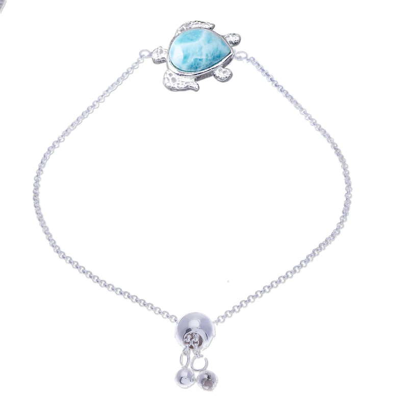 Turtle Themed Larimar Bracelet 925 Sterling Silver Bracelet Bohemian Jewelry Charming Jewelry Valentine Day Gift For Her