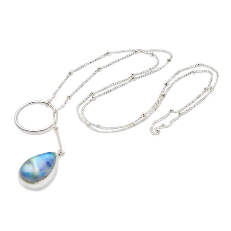 Birne Regenbogen-Mondstein-Anhänger-Halskette 925 Sterling Silber Natürliches Feuer Regenbogen-Mondstein-Geschenk für Sie