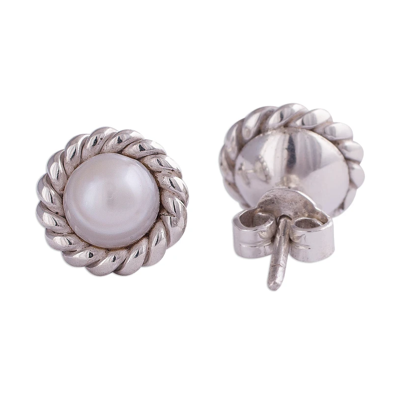 Perlenohrstecker mit Seilmotiv aus handgefertigtem 925er Sterlingsilber, Ohrstecker für jeden Tag, Geburtstagsgeschenk für sie