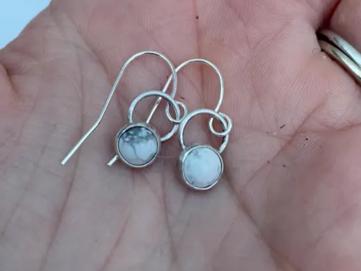 Handmade Howlite Dangle Earrings 925 Sterling Silver Earrings White & Grey Gemstone Round Semi Circle Stone Handmade Jewelry Gift For Her