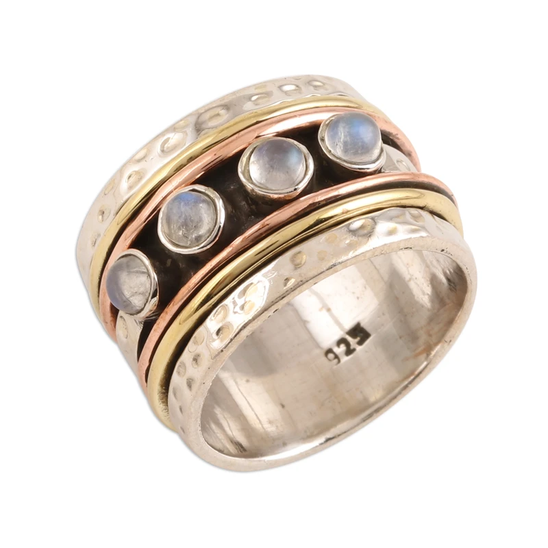 Natürlicher Regenbogen-Mondstein-Spinnerring aus Indien, handgefertigter Ring, Silberschmuck, böhmischer zarter Ring, Geschenk für sie, Geburtstagsgeschenk