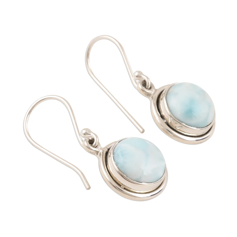 Larimar Cabochon und Sterling Silber Hängeohrringe Edelstein Ohrringe Handgemachte Boho Ohrringe Geschenkidee
