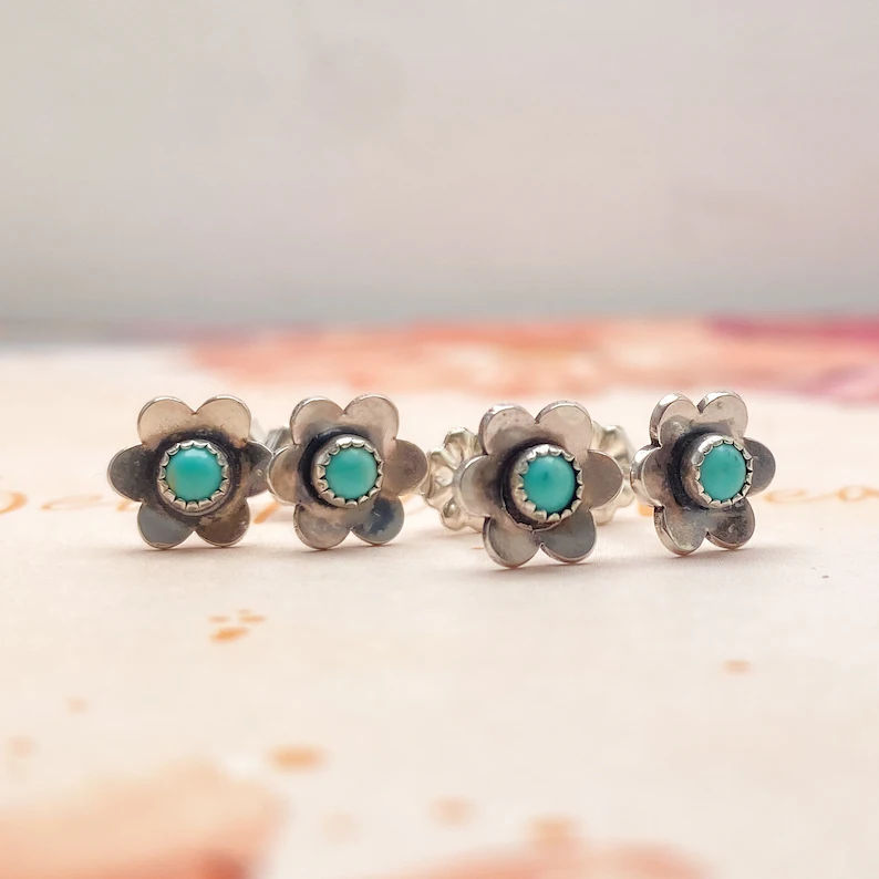 Turquoise Stud Earrings Sterling Silver Flower Studs for Women Gift for Mom or Sister Turquoise Jewelry Nature Lovers