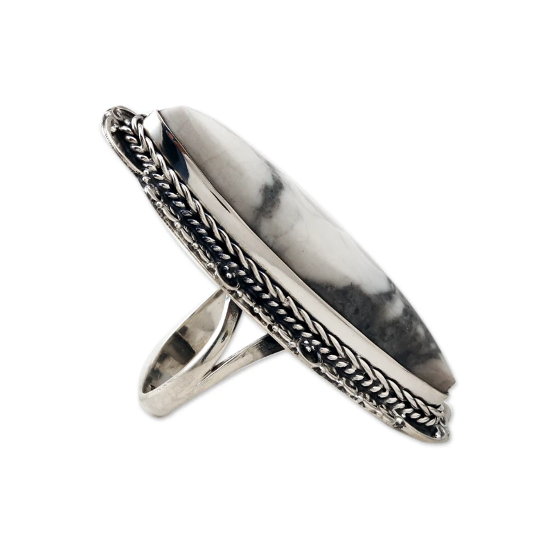 Sterling Silver Cocktail Ring with Howlite Cabochon White Stone Ring Handmade Women Ring Gemstone Ring Gift For Her
