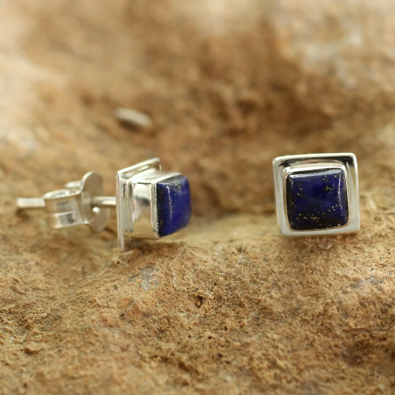 Quadratische Lapislazuli-Ohrstecker aus 925er Sterlingsilber, handgefertigte Ohrringe für jeden Tag, Geschenk für sie und Mutter