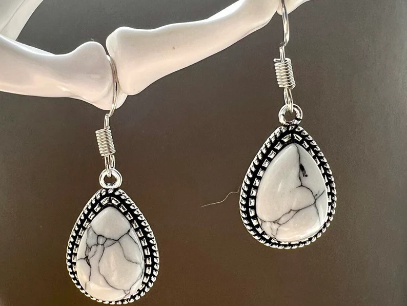 Howlite Teardrop Dangle Earrings Handmade Gemstone Silver Earrings Everyday Jewelry Gift For Her