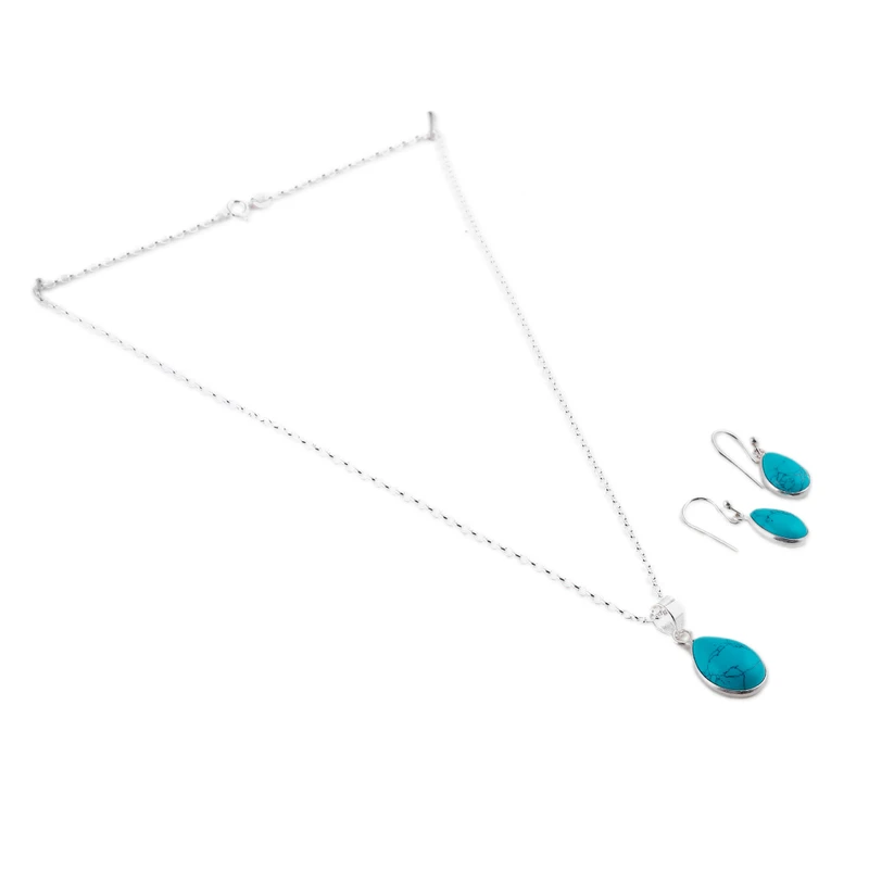 Türkise Halskette und Ohrringe Schmuckset 925 Sterling Silber Anhänger Halskette Böhmischer Schmuck Geschenk für sie