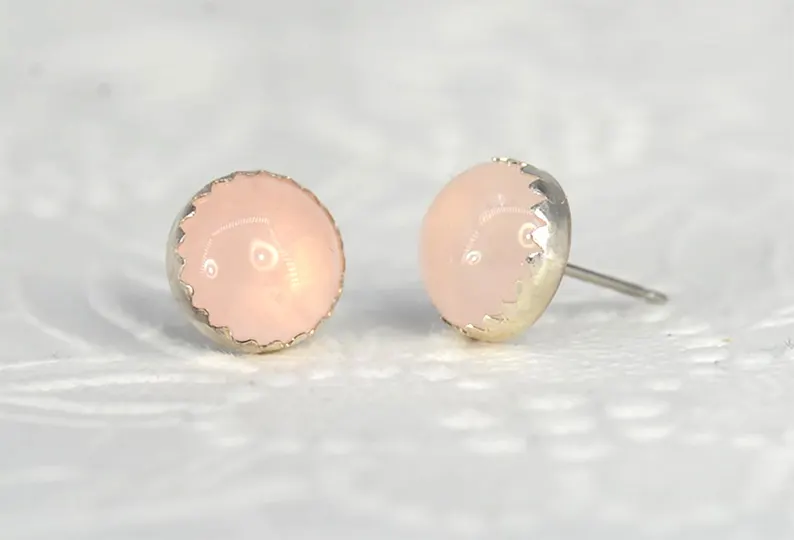 925 Sterling Silber Rosenquarz Edelstein Ohrstecker Naturstein Handgefertigter Böhmischer Schmuck Geschenk für Sie