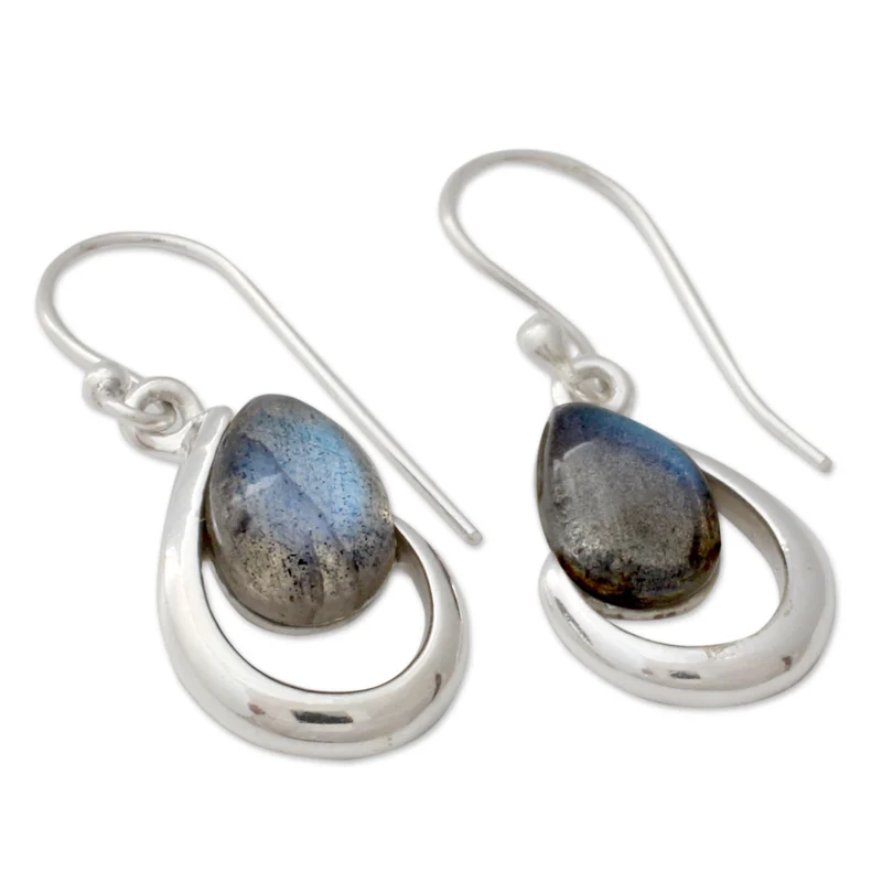 Labradorit und Silber handgefertigte Ohrringe 925 Sterling Silber Ohrring Blaue Edelstein-Ohrhänger Labradorit Schmuck Geschenk für sie