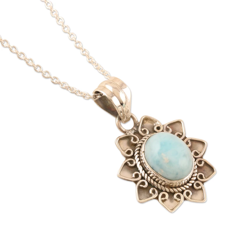 Larimar-Blumenmotiv-Anhänger-Halskette, 925er Sterlingsilber, alltagstauglicher Anhänger für Halskette, perfektes Geschenk für sie