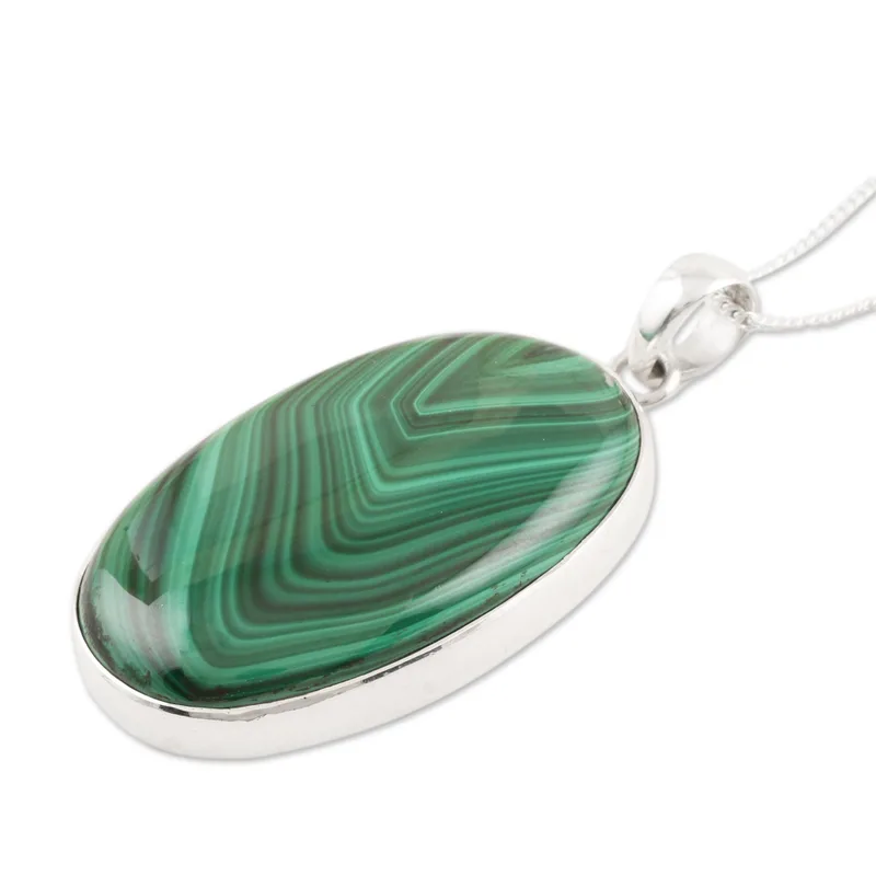 Lünettengefasste Malachit-Cabochon-Halskette, 925 Sterling Silber, handgefertigter Boho-Edelsteinanhänger, Geschenk für sie