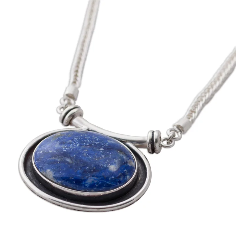 Mystischer Medaillon-Halskette aus blauem Lapislazuli 925er Sterling Silber Lapislazuli-Schmuck Handgemachter Schmuck Boho-Halskette Statement-Halskette Geschenk für sie Valentinstagsgeschenk
