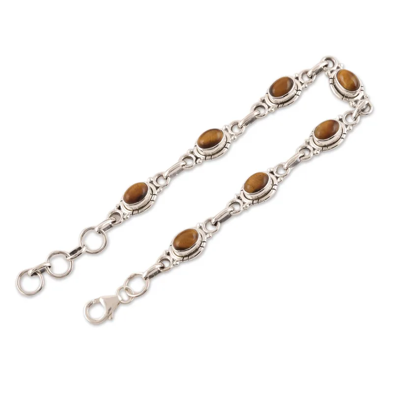 Exotic Earth Tiger Eye Link Bracelet 925 Sterling Silver Boho Dainty Jewelry Gift For Her