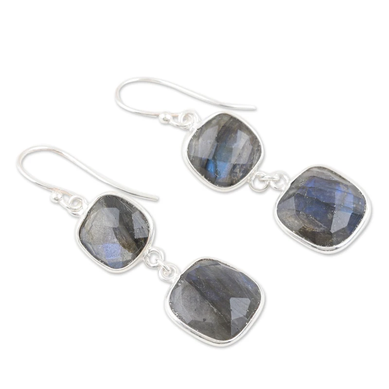 Labradorit-Ohrhänger 925er Sterling Silber Ohrringe Doppelte Edelstein-Ohrringe Labradorit-Schmuck