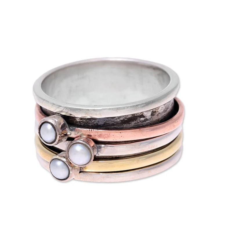 Zuchtperlen- und Metall-Trio-Meditations-Spinner-Ring Handgemachter Ring Silberschmuck Böhmischer zierlicher Ring Geschenk für sie Geburtstagsgeschenk