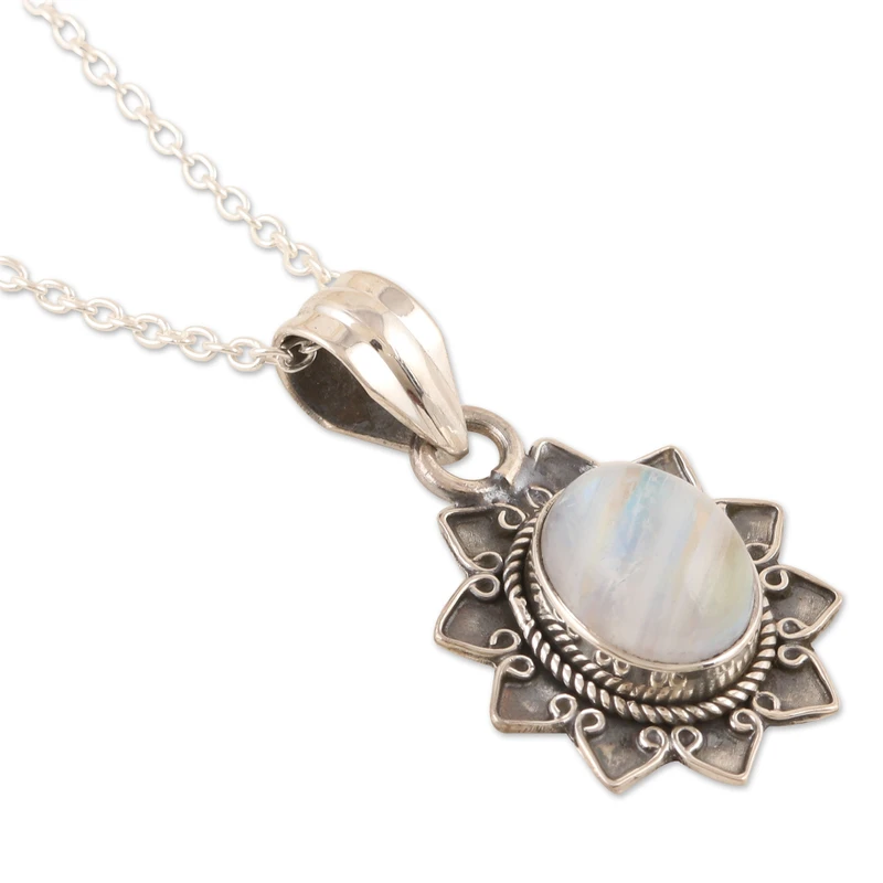 Regenbogen-Mondstein- & Sterling-Silber-Blumenanhänger-Halskette, natürlicher Feuer-Regenbogen-Mondstein, Geschenk für sie