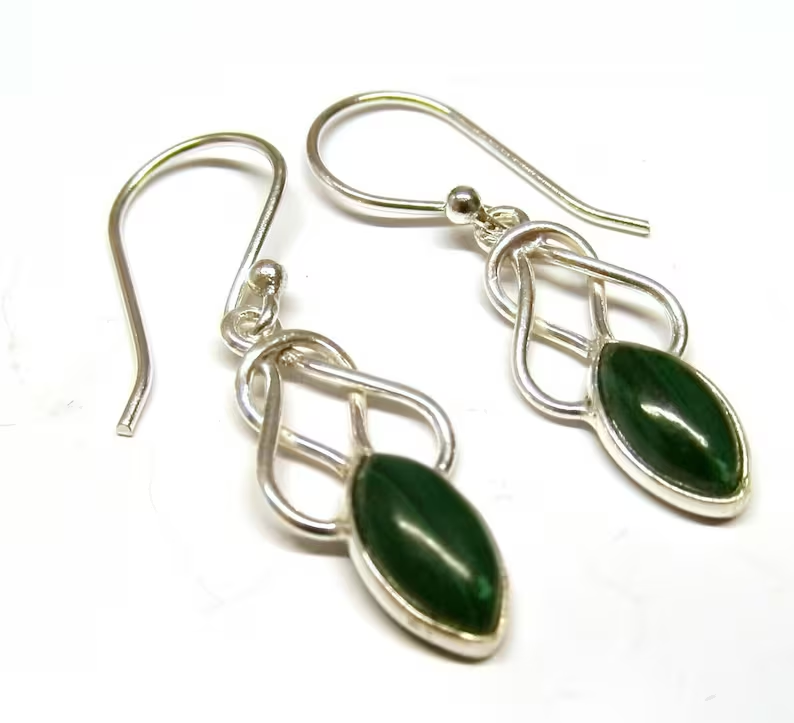Handmade in 925 Sterling Silver Real Malachite Celtic Drop Earrings Bohemian Jewelry Gift For Her