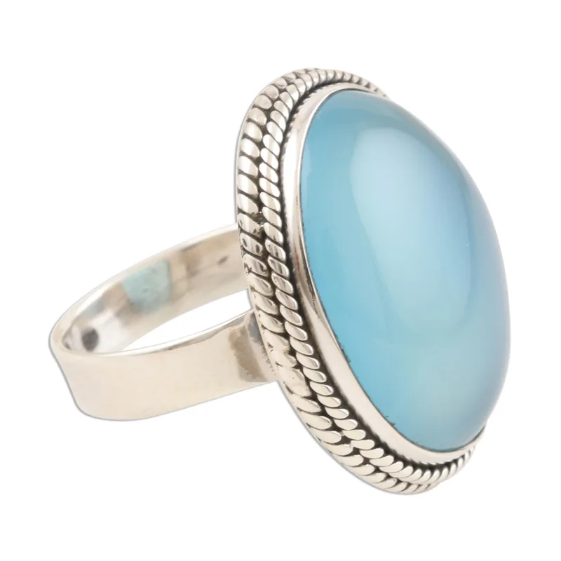 Aqua Chalcedony Cocktail Ring 925 Sterling Silver Boho Ring March Birthstone Ring Blue Oval Gemstone Handmade Statement Silver Ring