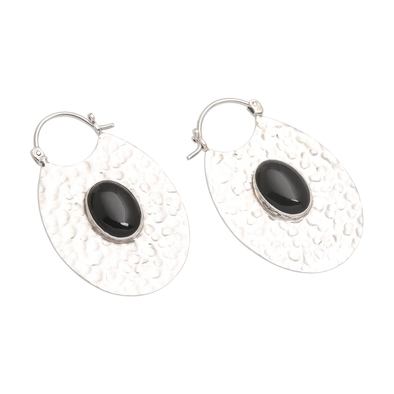 Gehämmerte Sterling Silber Ovale Creolen mit Schwarzem Onyx Damen Handgemachte Ohrringe Geschenke für Mama & Sie