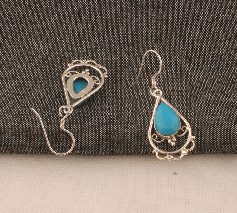 Massive 925 Sterling Silber Türkis Ohrringe für Frauen Handgemachte Birnen-Tropfen Gemstone Ohrringe Geschenkidee für Brautjungfern Hochzeitsschmuck