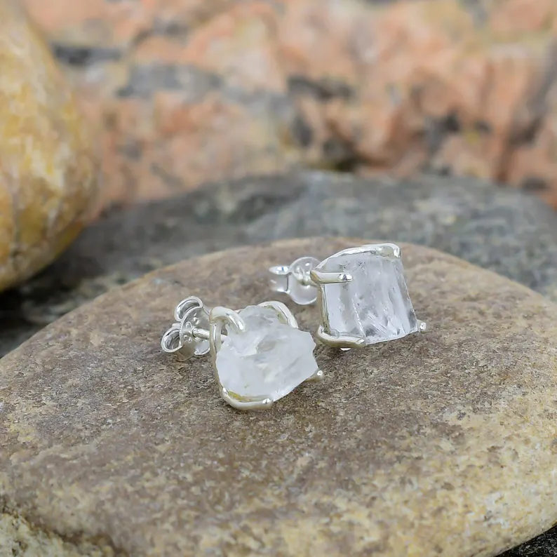 925 Solid Sterling Silver Rough Clear Quartz Stud Earring Trendy Gift For Her Women Minimalist Natural Gemstone Jewelry Gift For Her