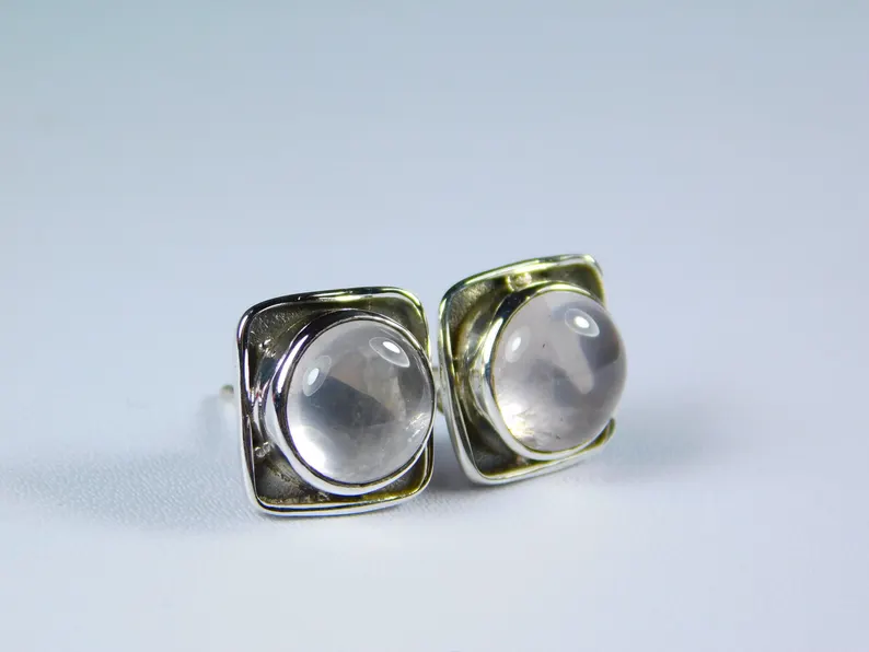 Echte 925 Sterling Silber Ohrstecker Quadratisch mit Natürlichem Rosenquarz Edelstein Minimalistischer Silberschmuck Handgemachtes Geschenk für Sie