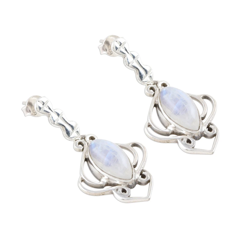 Regenbogenmondstein-Ohrring, 925er Sterlingsilber-Ohrring, handgefertigt, Marquise-Form-Edelstein-Ohrring, Geburtsstein Juni, Geschenk für sie