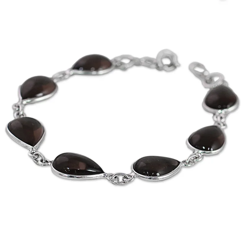 Hand Made Smoky Quartz Silver Link Bracelet 925 Sterling Silver Boho Dainty Jewelry Gift For Her