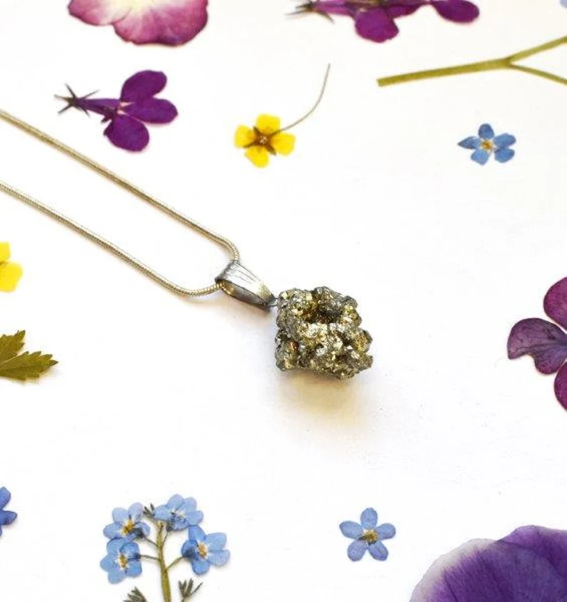 Pyrit-Kristall-Halskette-Anhänger, wunderschönes natürliches Edelstein-Geschenk & Silberkette 925 Sterling Silber