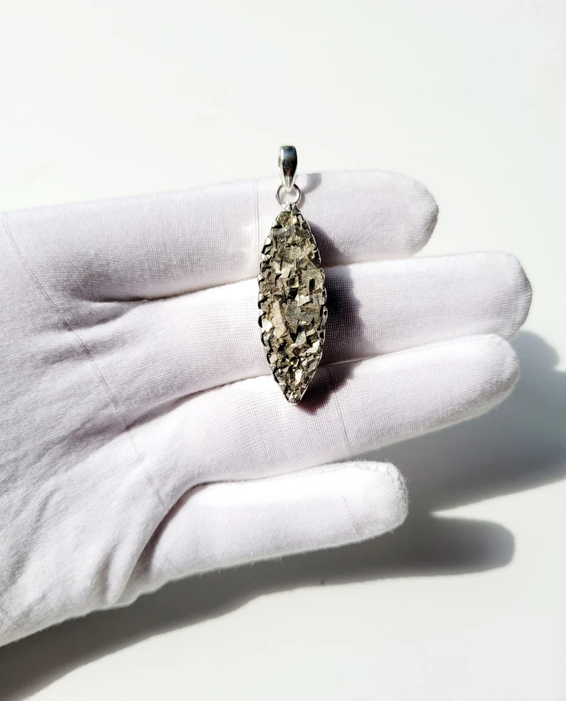 Echter Pyrit Handgefertigter Anhänger Natürlicher Edelstein 925 Sterling Silber Anhänger Marquise Design Boho Anhänger Schmuck