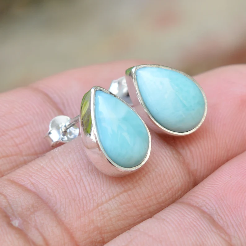Larimar Studs Earrings Larimar Pear Shape Stud Earrings 925 Sterling Silver Earrings Larimar Jewelry Studs For Women