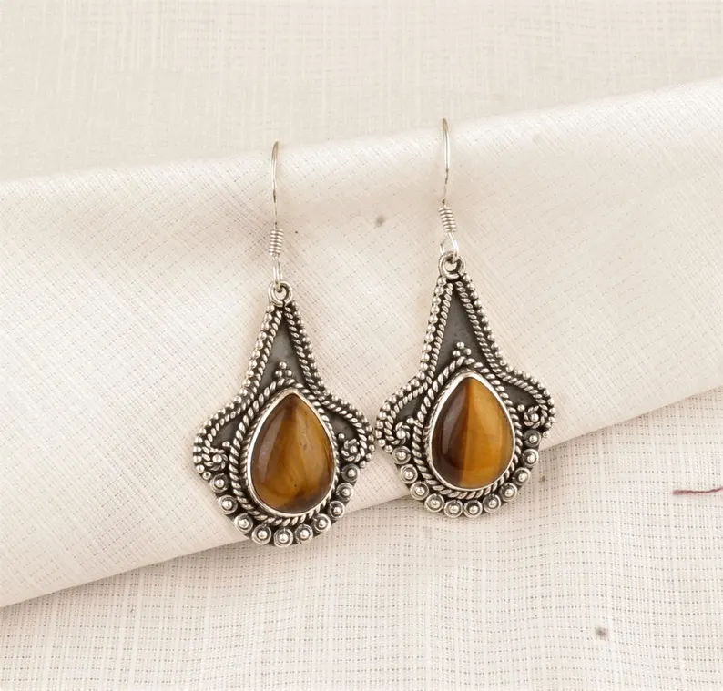 Mooie Tijgeroog Oorbellen Edelsteen Oorbellen 925 Sterling Zilver Handgemaakte Oorbellen Vintage Kunst Trouwcadeau Voor Haar