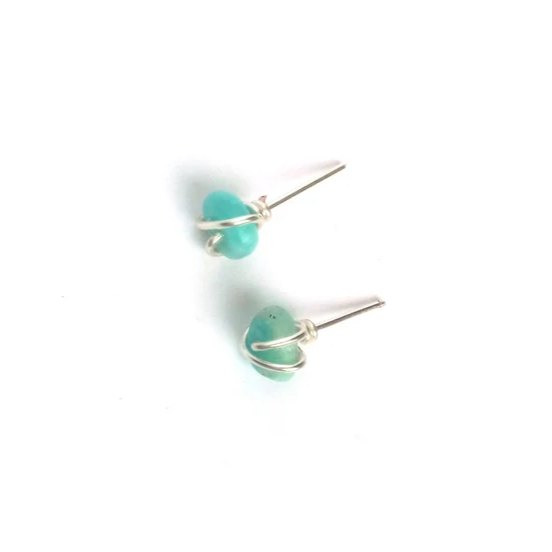 Amazonite Gemstone Studs Earrings Natural Blue Amazonite Minimalist Wire Wrapped Studs Silver Gemstone Studs Gift for Her