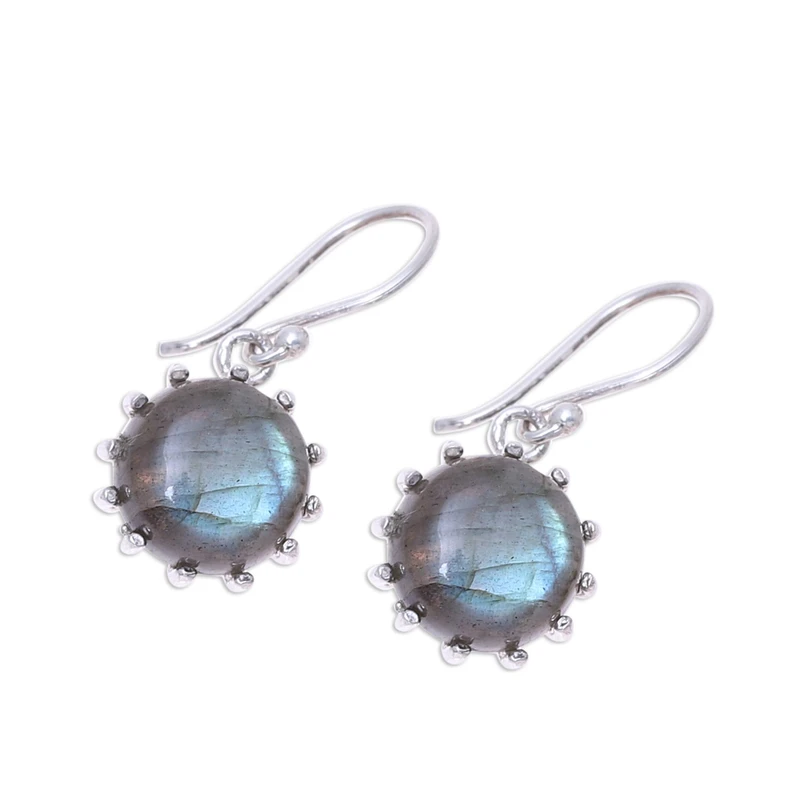 Runde Ohrhänger aus Sterlingsilber mit Labradorit, Edelstein-Ohrringe, Labradorit-Schmuck Geschenkidee