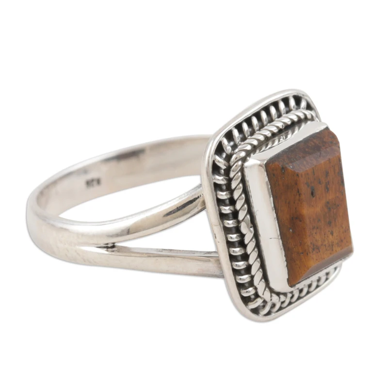 Hand Made Tiger Eye Cocktail Ring 925 Solid Sterling Silver Gemstone Ring Yellow Band Ring Wedding Gift Ring For Love Valentine Day Gift For Her