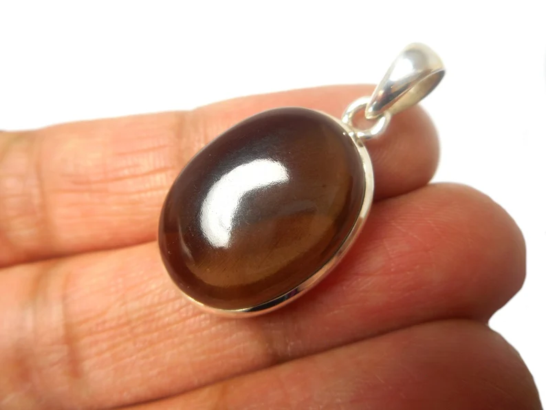 Ovale braune Rauchquarz Sterling Silber Edelsteinanhänger 925 Rauchquarz Halskette Handgemachter böhmischer Schmuck Geschenk für Sie