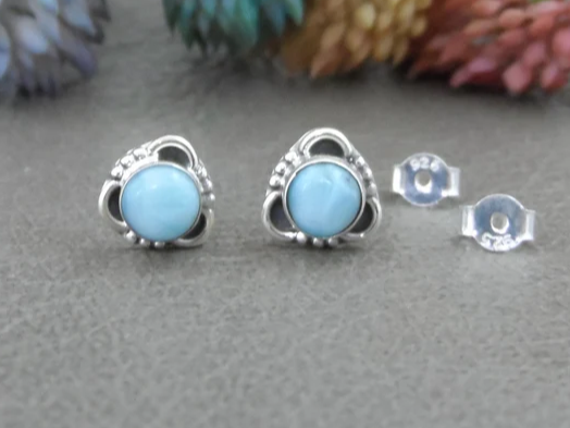 925 Sterling Silver Stud Earrings Larimar Earrings Gemstone Earrings Gift for Her Handmade Bohemian Jewelry