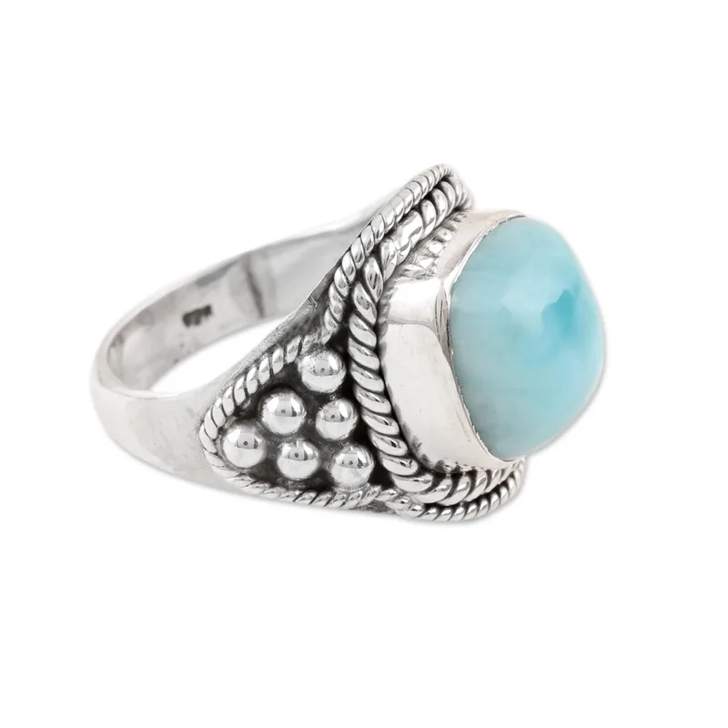 Himmelblauer Larimar Cocktailring aus Indien 925er Sterlingsilber Ring Zarter Ring Edelsteinring Damenring Geschenk für sie