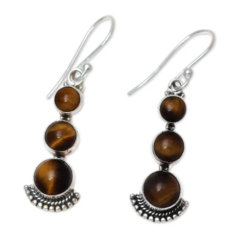 Drie Ronde Tijgeroog Druppel Bungeloorbellen 925 Sterling Zilver Handgemaakte Edelsteen Zilveren Oorbellen Cadeaus voor Moederdag Idee Alledaagse Sieraden Cadeau voor Haar