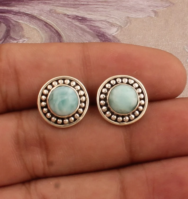 925 Sterling Silver Natural Larimar Round Gemstone Stud Earrings Designer Dotted Round Silver Earrings Handcrafted Earrings Gift For Her