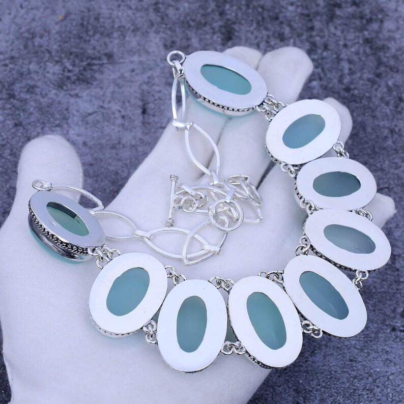 Aquachalzedon Edelstein-Halskette 925 Sterling Silber Halskette Verstellbare Kette Halskette Brauthalskette Handgemachter Schmuck Jubiläumsgeschenk