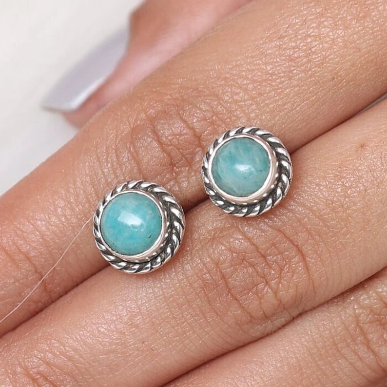 Amazonite Stud Earrings 925 Sterling Silver Earrings Round Gemstone Studs Women Stud Earrings Handmade Amazonite Jewelry