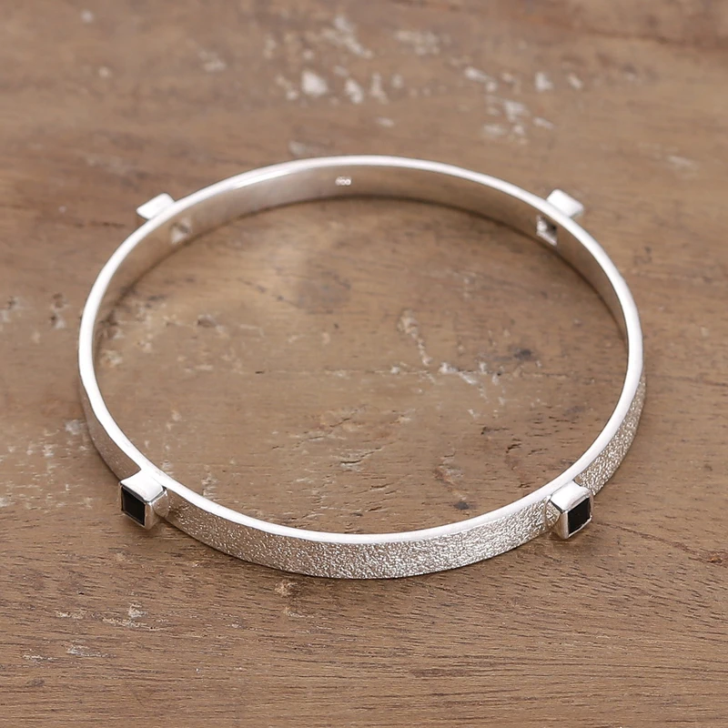 Textured Silver Bangle Bracelet with Square Black Onyx Gems 925 Sterling Silver Bohemian Jewelry Charming Jewelry Valentine Day Gift For Her