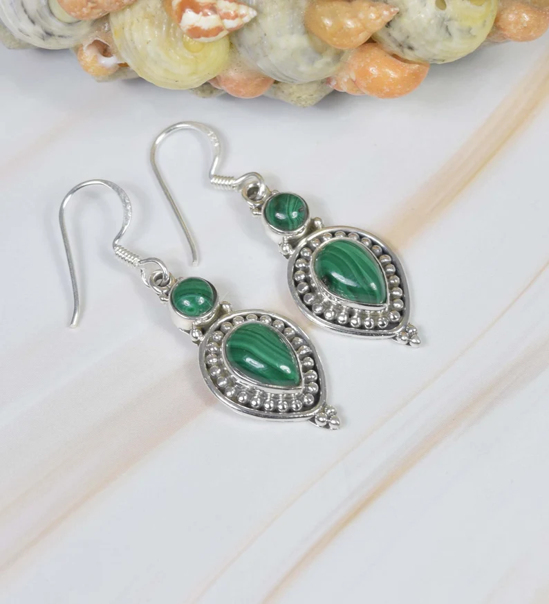 Green Malachite 925 Sterling Silver Gemstone Hook Earring Elegant Earring Pear Shape Earring Handmade Jewelry Gift For Women