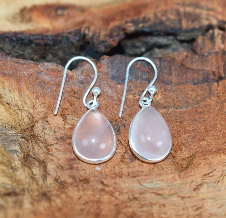 Teardrop Rosenquarz Ohrringe aus Sterlingsilber Ohrringe für Frauen Handgemachter Boho-Schmuck Geschenk für Sie